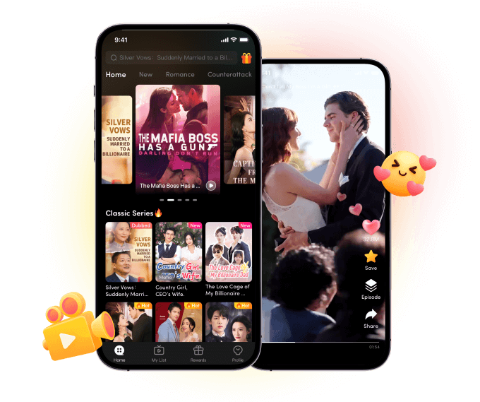 Two phones showcasing short dramas and a vertical viewing experience